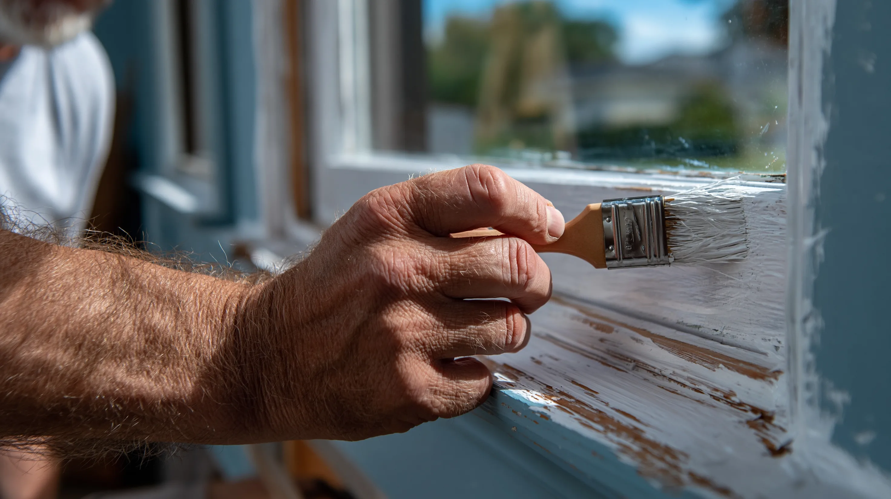 Schilder verft een wit houten kozijn met een kwast